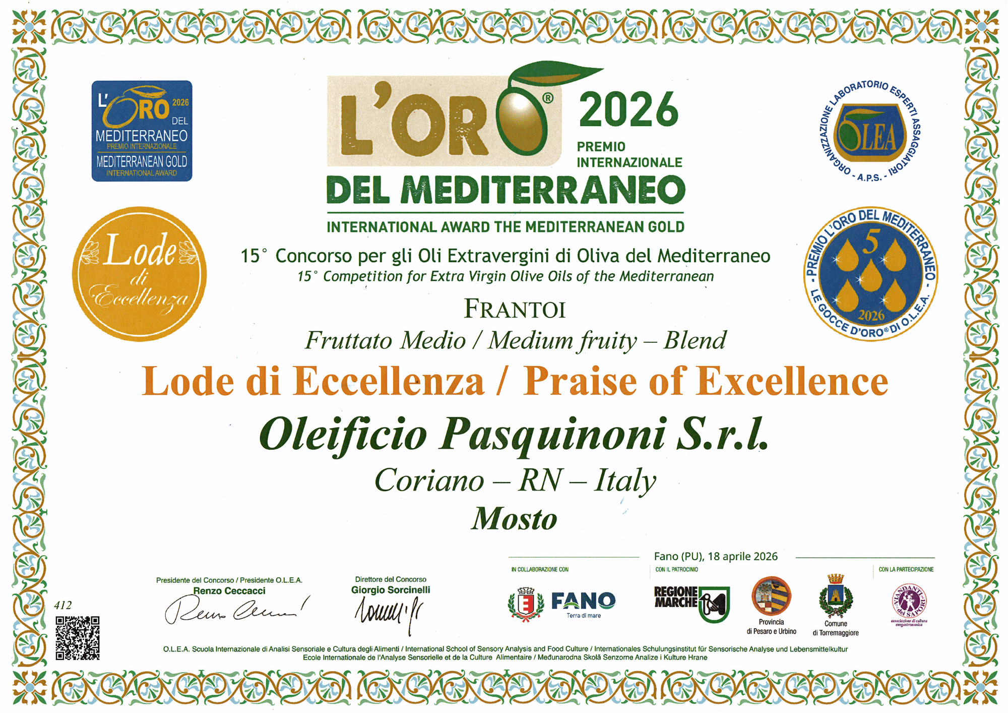 Mosto premiato con la Lode di Eccellenza a L’Oro del Mediterraneo 2026